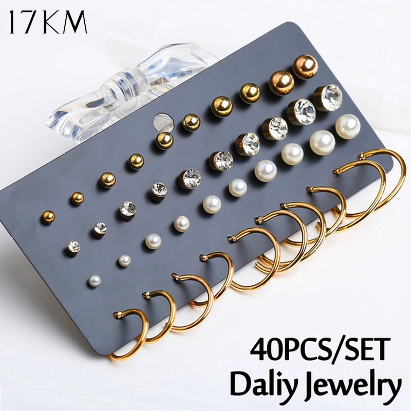 40Pcs / Set Anting Tusuk Bulat Kristal Warna Emas