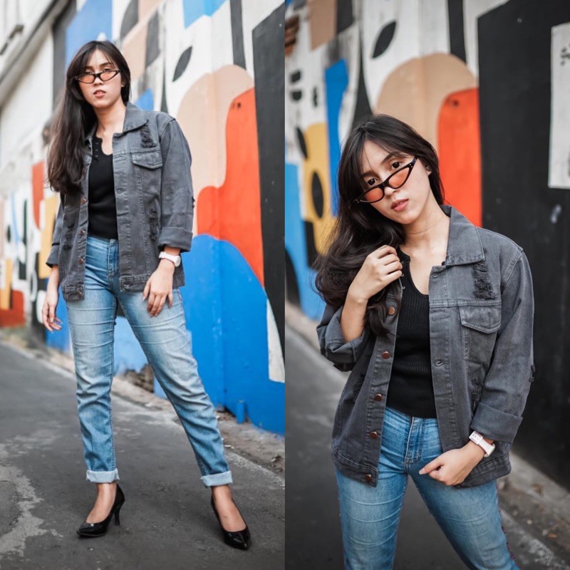 Jaket Jeans Oversize Wanita / Jaket Denim Cewe Oversize Ripped Sobek