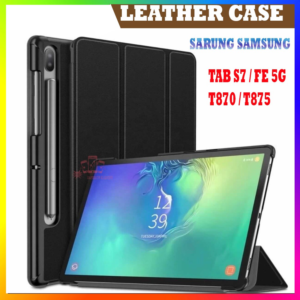 Leather Case Samsung Galaxy Tab S7 Black Case Samsung S7 FE 5G Samsung T870 Samsung T875 Flip Cover Samsung S7 Flipshell sarung Tab Casing Tab Samsung S7 Flipcover Tablet Samsung S7 Sarung Tab Samsung - Hitam