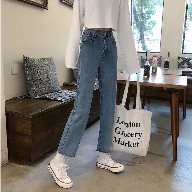 Retro pinggang tinggi longgar lurus denim gadis mahasiswa celana lebar kaki serbaguna jeans