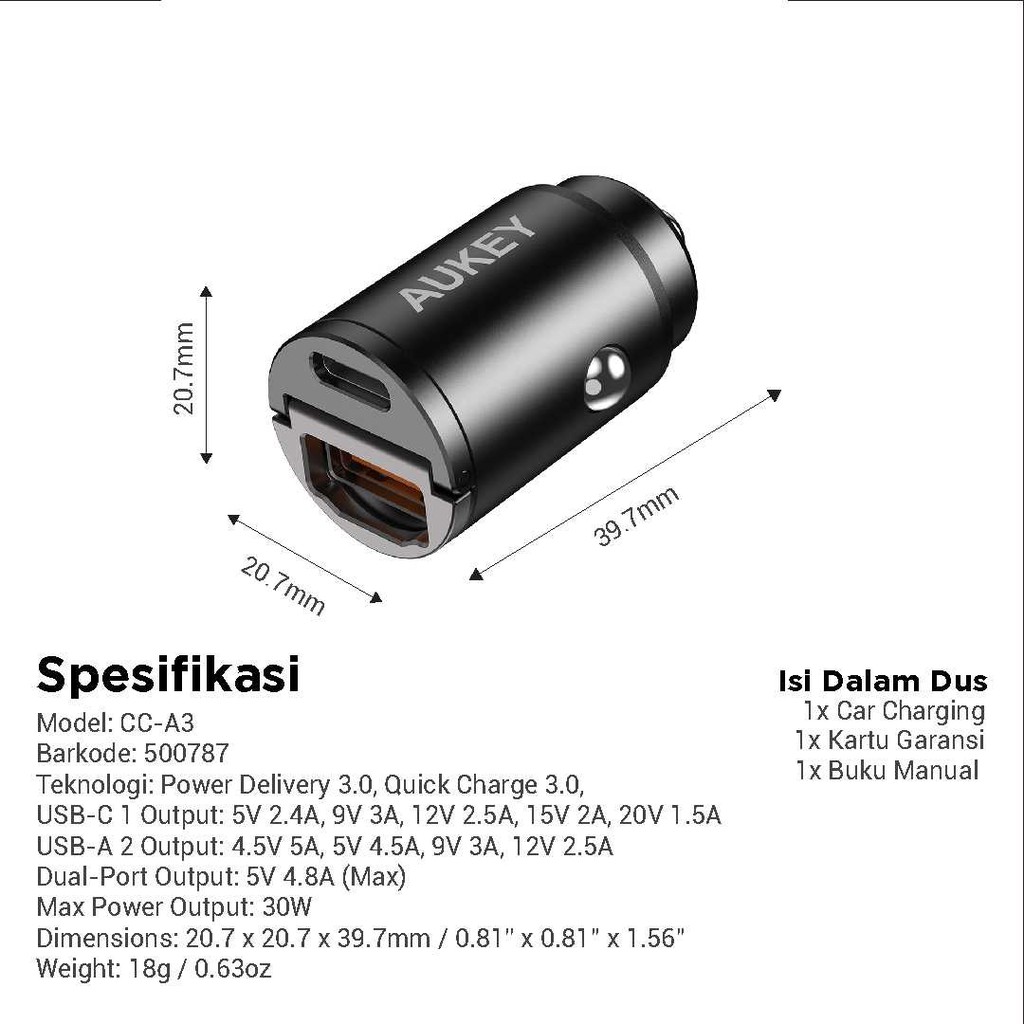 AUKEY CC-A3 - 30W Dual Port USB-A and USB-C Car Charger - Charger Mobil 2 USB Port 30W Max