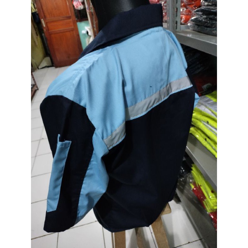 BAJU SAFETY RESLETING LENGAN PENDEK BIRU MUDA KOMBINASI DONGKER FREE LOGO K3 BENDERA KAIN PREMIUM