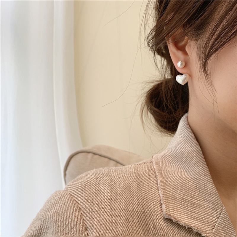 Anting Stud S925 Silver Needle Bentuk Hati Aksen Mutiara Gaya Korea Untuk Wanita