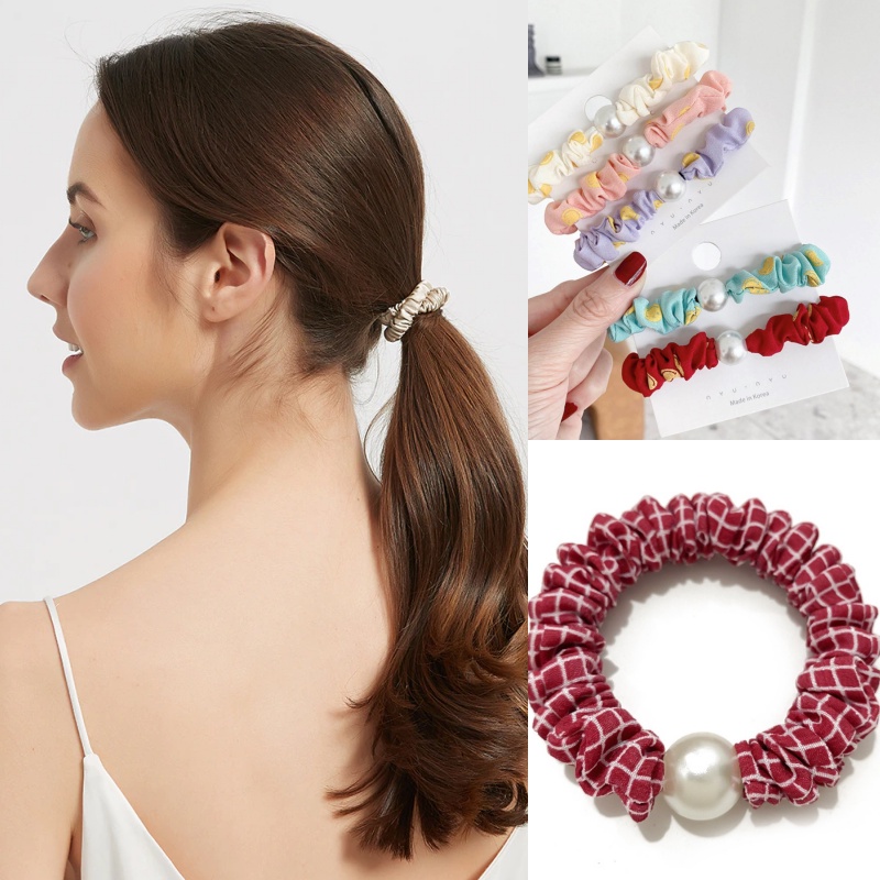 OVERFLOWS.ID Ikat Rambut Scrunchie Kecil Ala Korea Gelang Karet Rambut Lucu Mutiara Tali Rambut