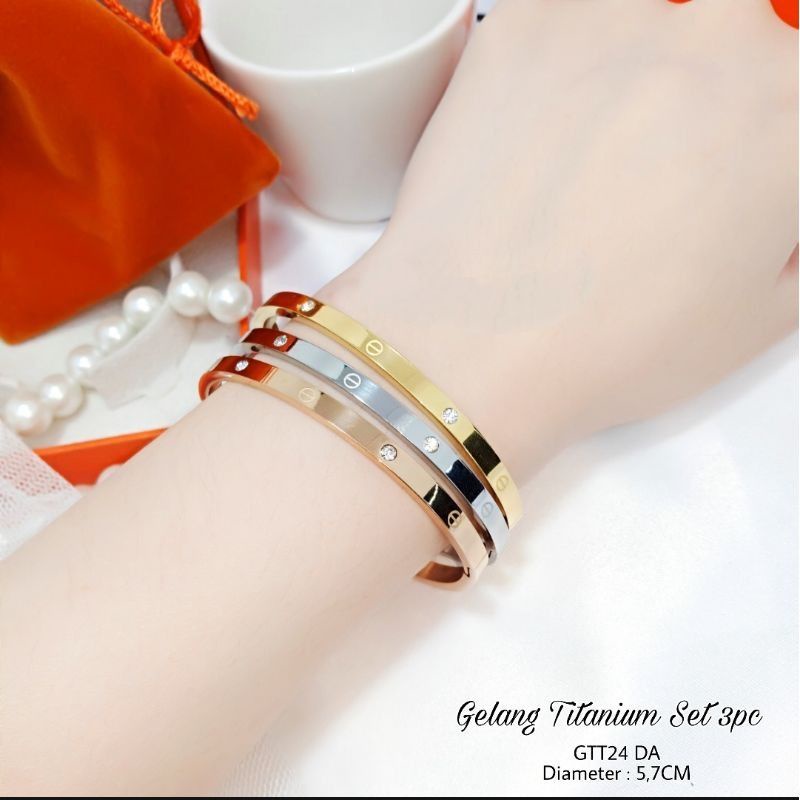 GELANG CTR PERMATAGELANG BANGLE SET 3IN1 GOLD ROSEGOLD DAN SILVER - GELANG BANGLE TITANIUM CARTIR AN