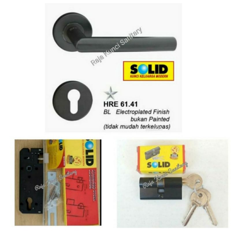 Paket Lengkap Handle Pintu Solid HRE 61.41 Matt Black+Lockcase+Cylinder Solid Hitam