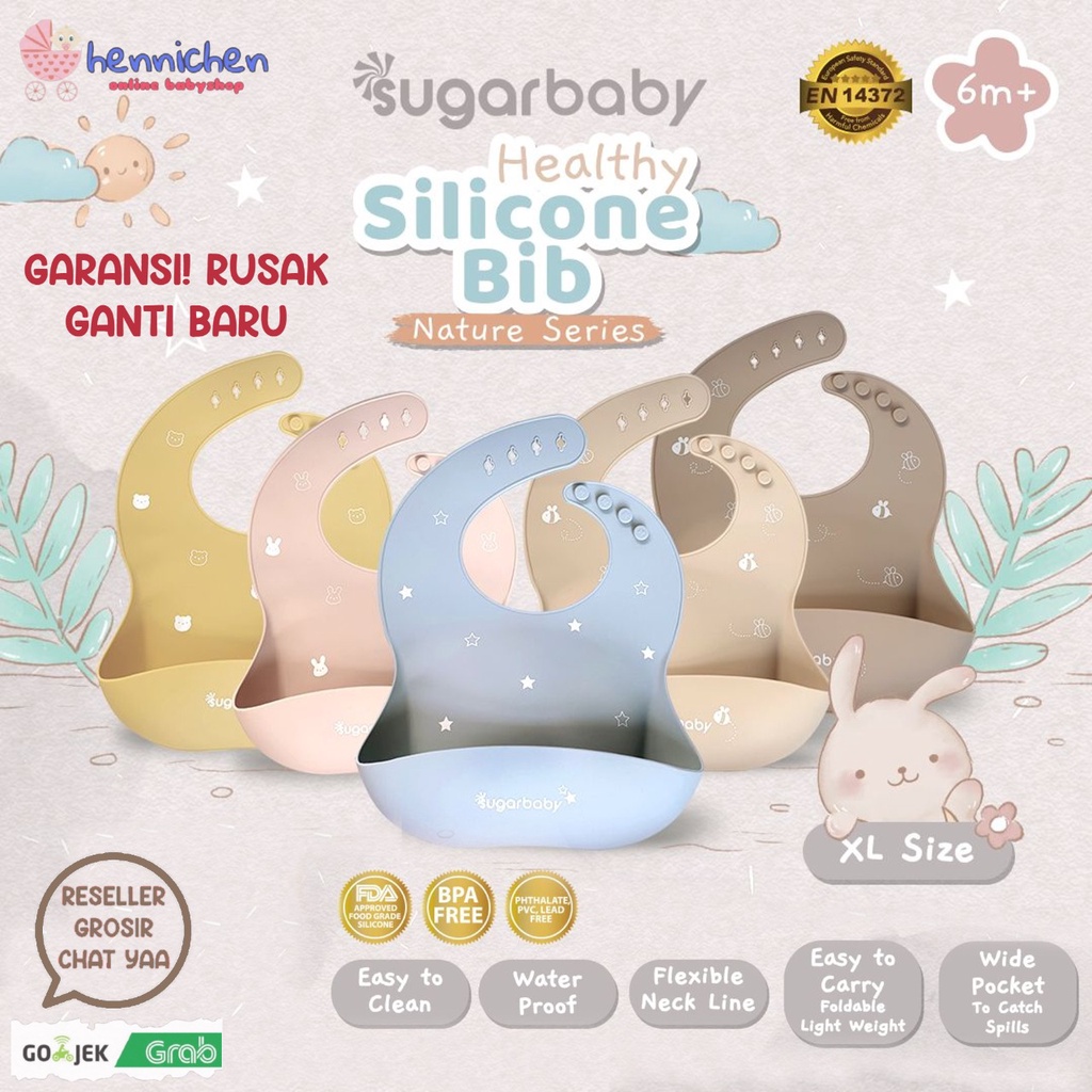 Sugar baby Perlengkapan MPASI Bayi Healthy Silicone Bowl Spoon &amp; Fork Silicone Bib Silicone Plate (Nature Series)