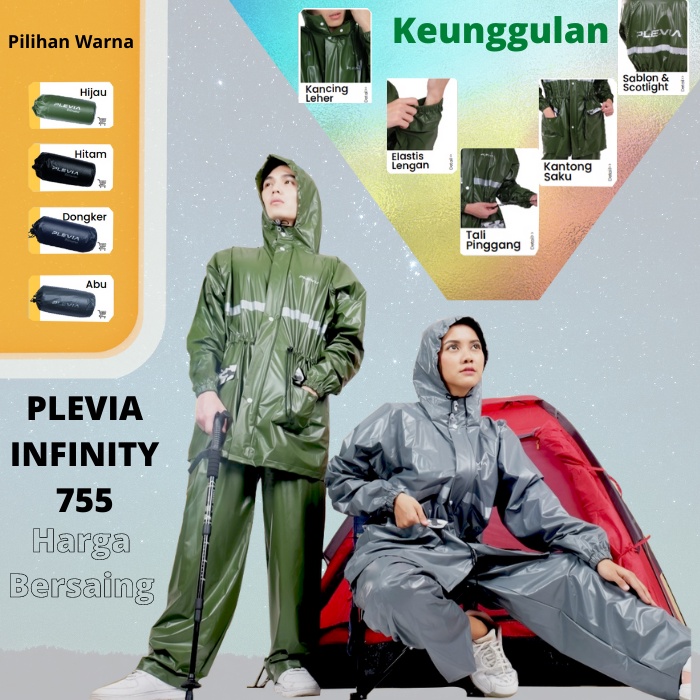 Jas Hujan Setelan Baju Celana Pria Wanita Dewasa Tebal Lentur Awet Imut PVC Press Elastis Anti Rembes PLEVIA INFINITY 755