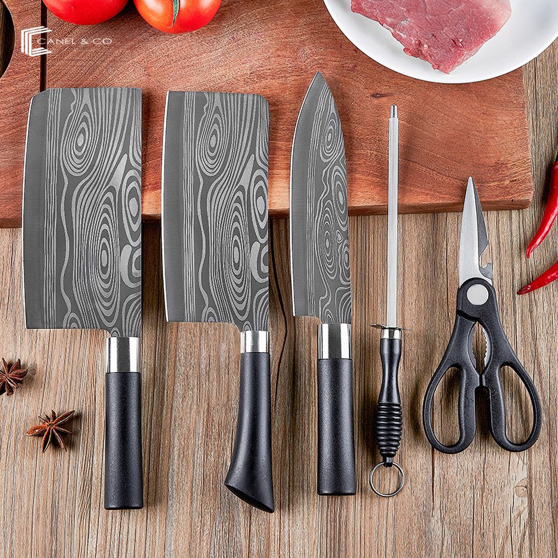 CANEL &amp; CO 6In1 Pisau Set / Knife Set Cleaver Slicing Chef Knife Scissors Sharpener Stick Set Memasak Pisau Dapur