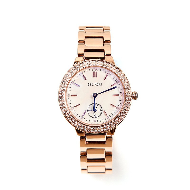 GUOU Fashion Wanita Jam Tangan Kuarsa Atmosfer Penuh Diamond Karakter dan Gambar Cahaya Biru Cer 8141