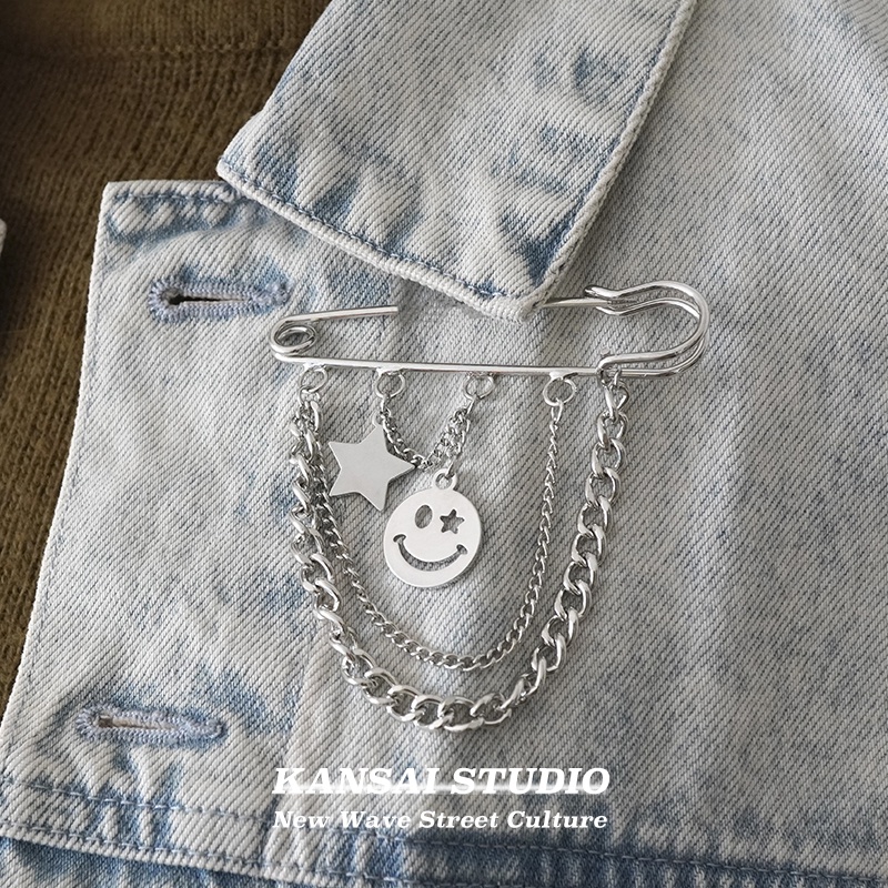 Bros Rantai Bentuk Bintang Smiley Warna Silver Untuk Wanita