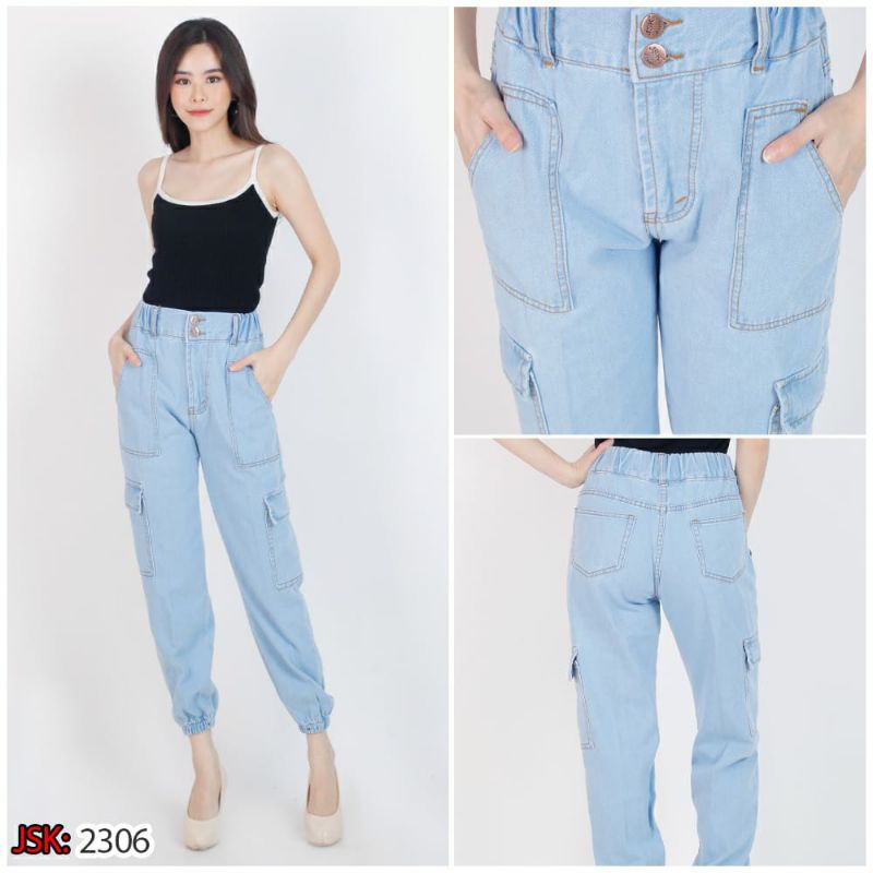 JSK Joger Boyfriend Highwaist Cargo jeans pinggang karet