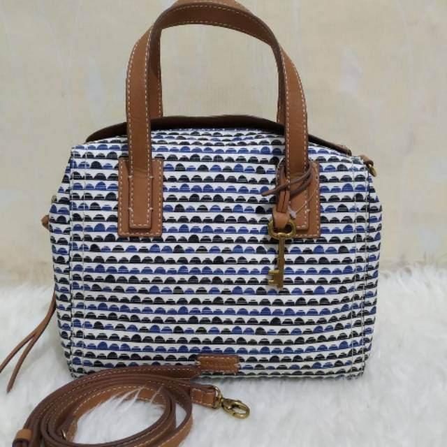 FOSSIL Emma Satchel Blue Print