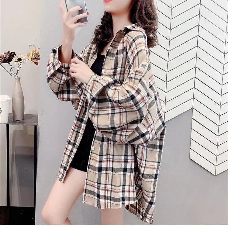 Korean blouse tartan kaos wanita Lengan panjang