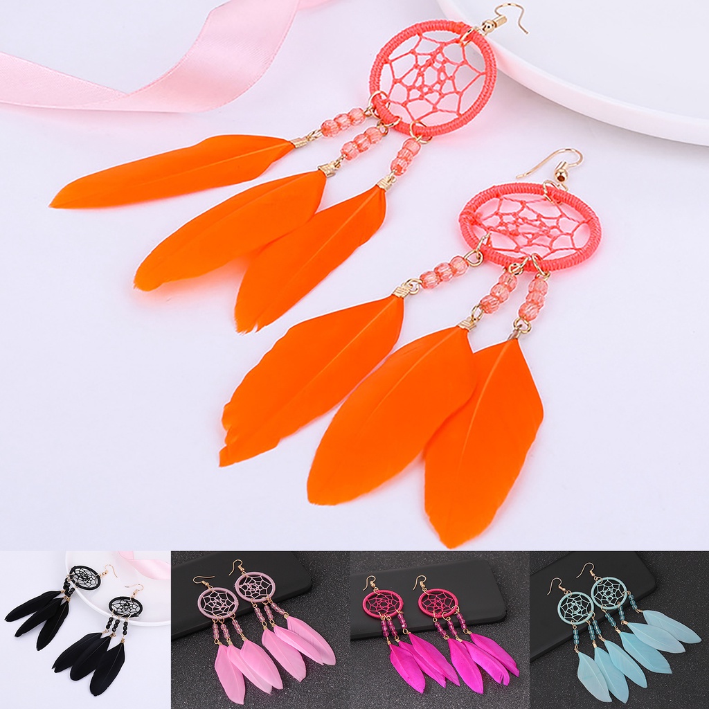 Hu Hu Hu Hu Hu Alat Bantu Pasang Kacamata♡ 1 Pasang Anting Desain Bulu Dream Catcher Hollow Out Gaya Etnik Bohemia