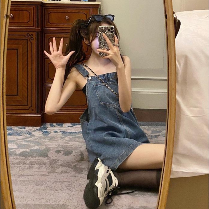 Rok suspender denim wanita musim panas versi Korean Style rok pendek longgar ramping Jumpsuit