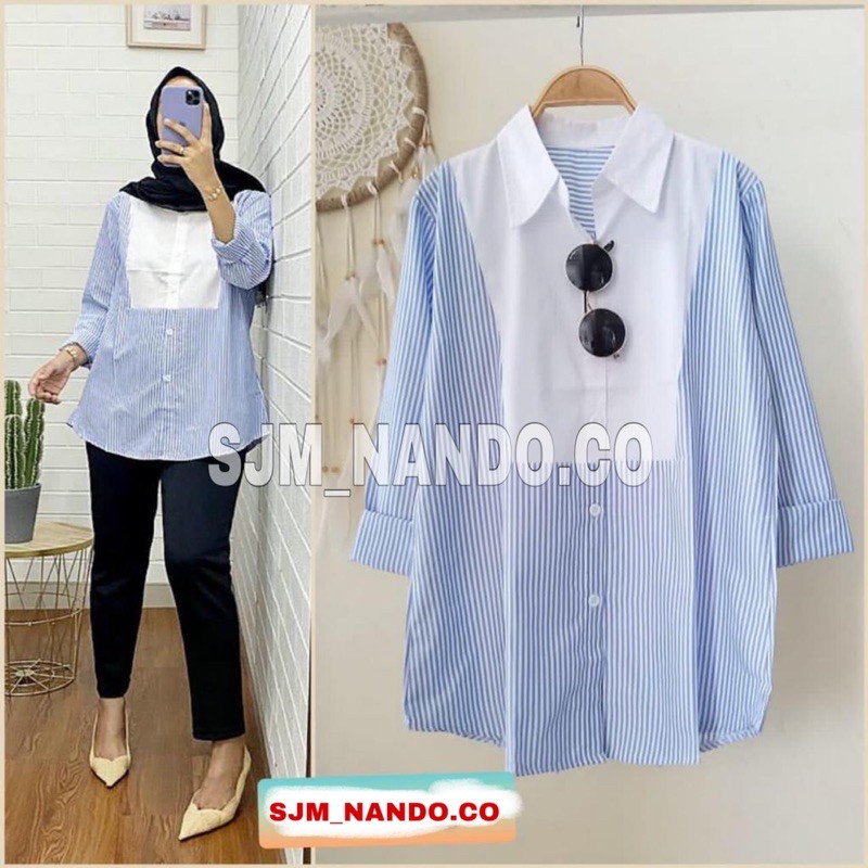 SJM kemeja wanita salur kombinasi lengan panjang kualitas import 710&707-3