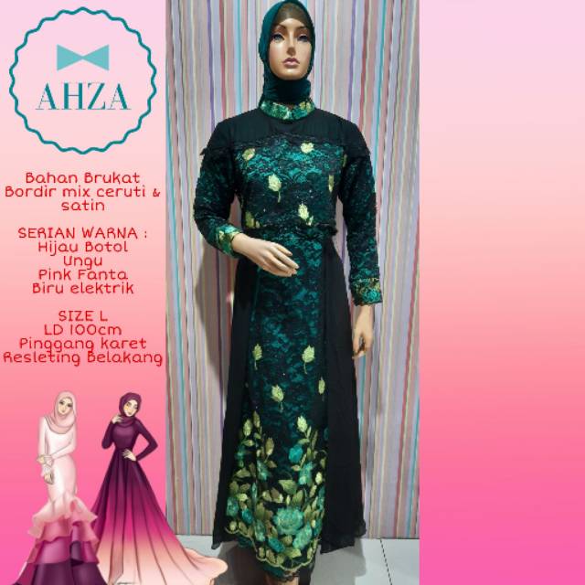 AHZA GAMIS PESTA JEMIA BRUKAT BORDIR MIX CERUTI &amp; SATIN, NO BUSUI