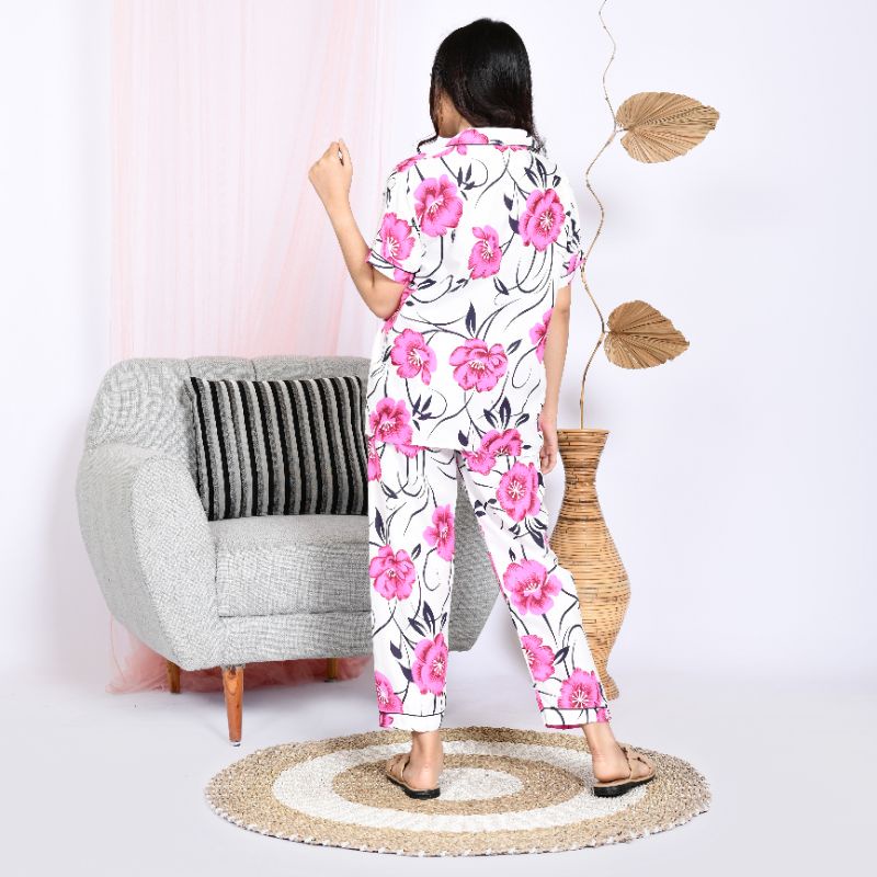 Baju Tidur Piyama Wanita Dewasa Motif Bunga CP Lengan Pendek Celana Panjang Kekinian