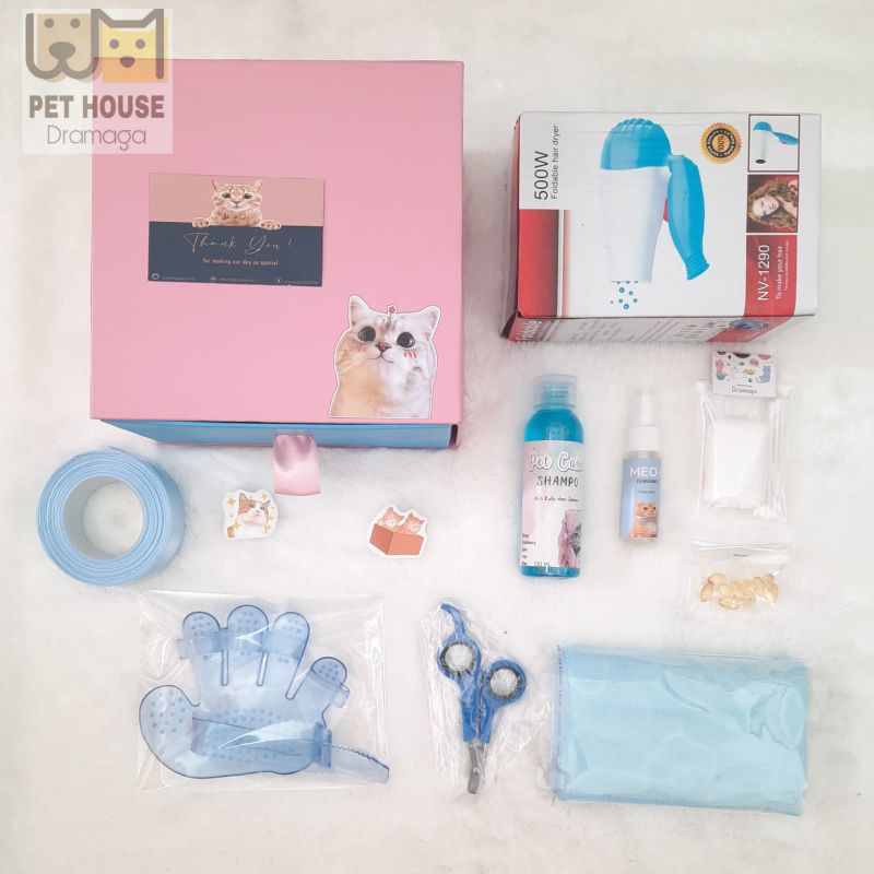 Hampers Grooming Kucing | Gift box | Peralatan Mandi lengkap lucu | hairdryer shampoo sikat handuk parfum petnail dll