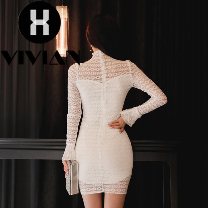 ?VIVIAN?Dress Lace Mini Slim Kerah Tinggi Gaya Korea Musim Gugur untuk Wanita