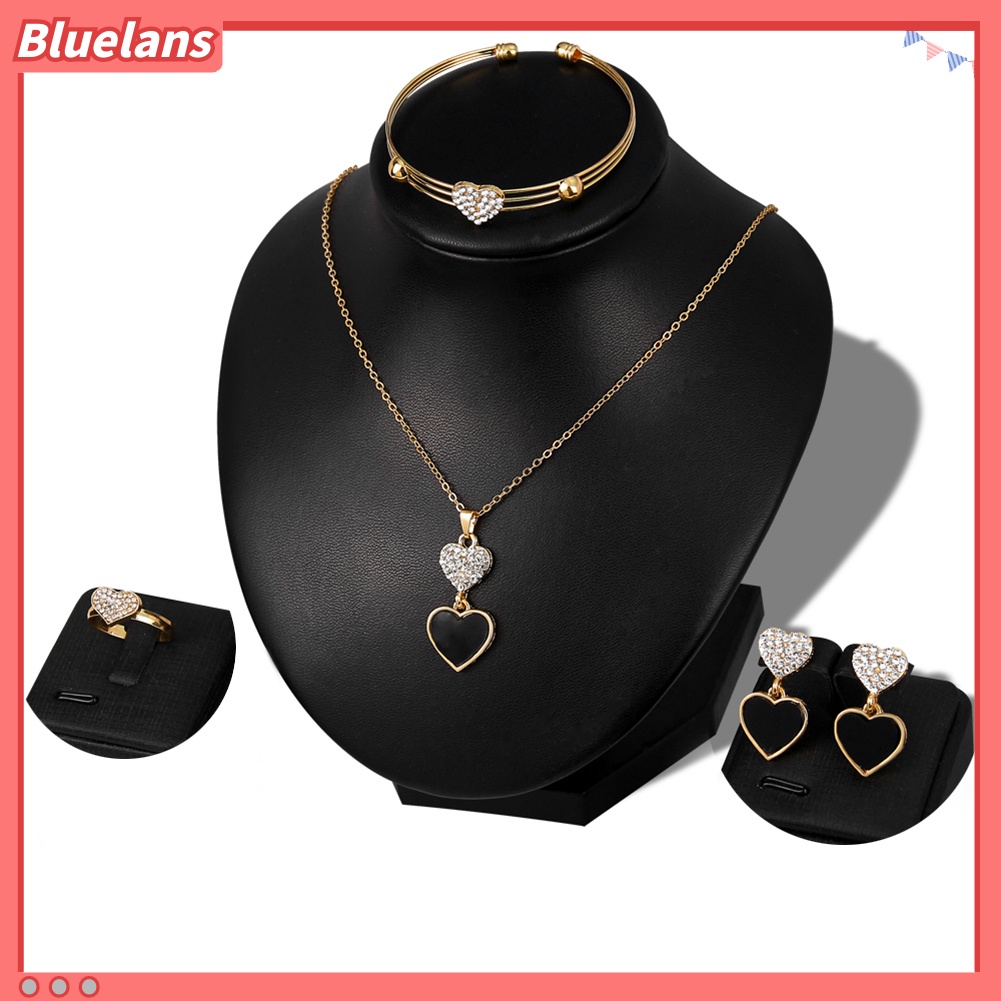 Bluelans Chic Rhinestone Black Love Heart Necklace Earrings Bracelet Ring Jewelry Set