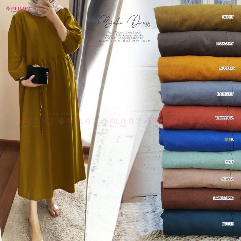 Boho dress polos katun linen ori alila hijab cloth solo original murah supplier grosir ecer