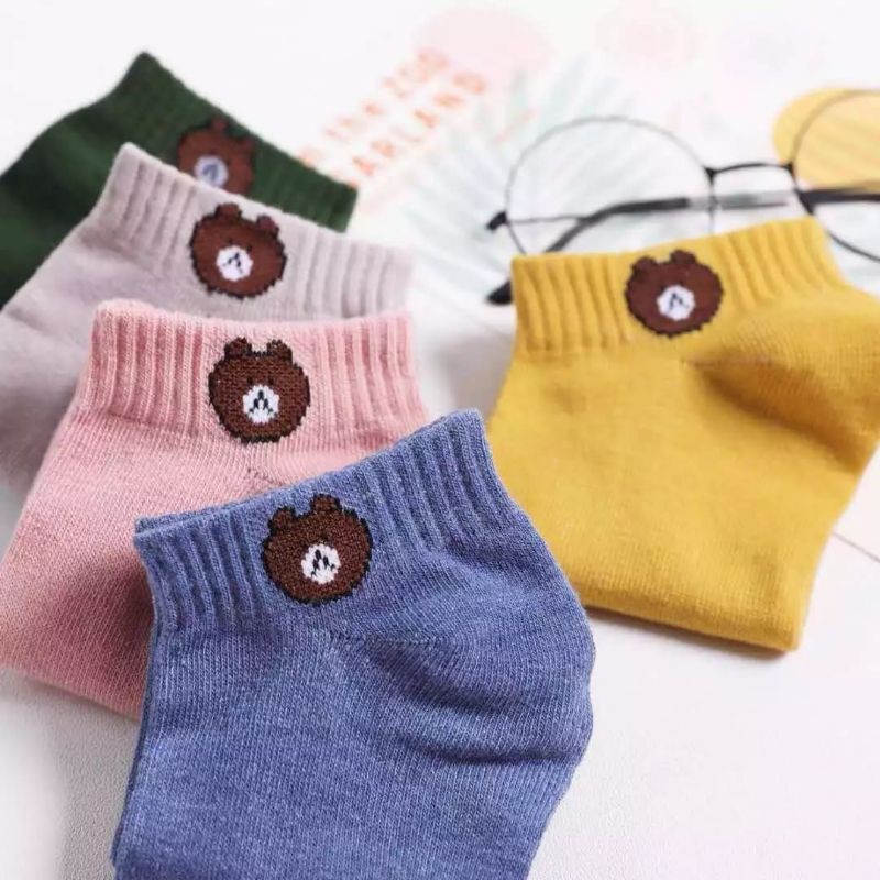 kaos kaki pendek matakaki motif beruang kaos kaki wanita dewasa motif brown/panda bahan lembut termurah-4