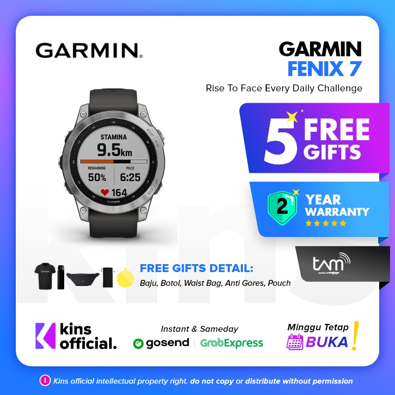 Garmin Fenix 7 Silver w/ Graphite Silicone Band - Garansi Resmi TAM