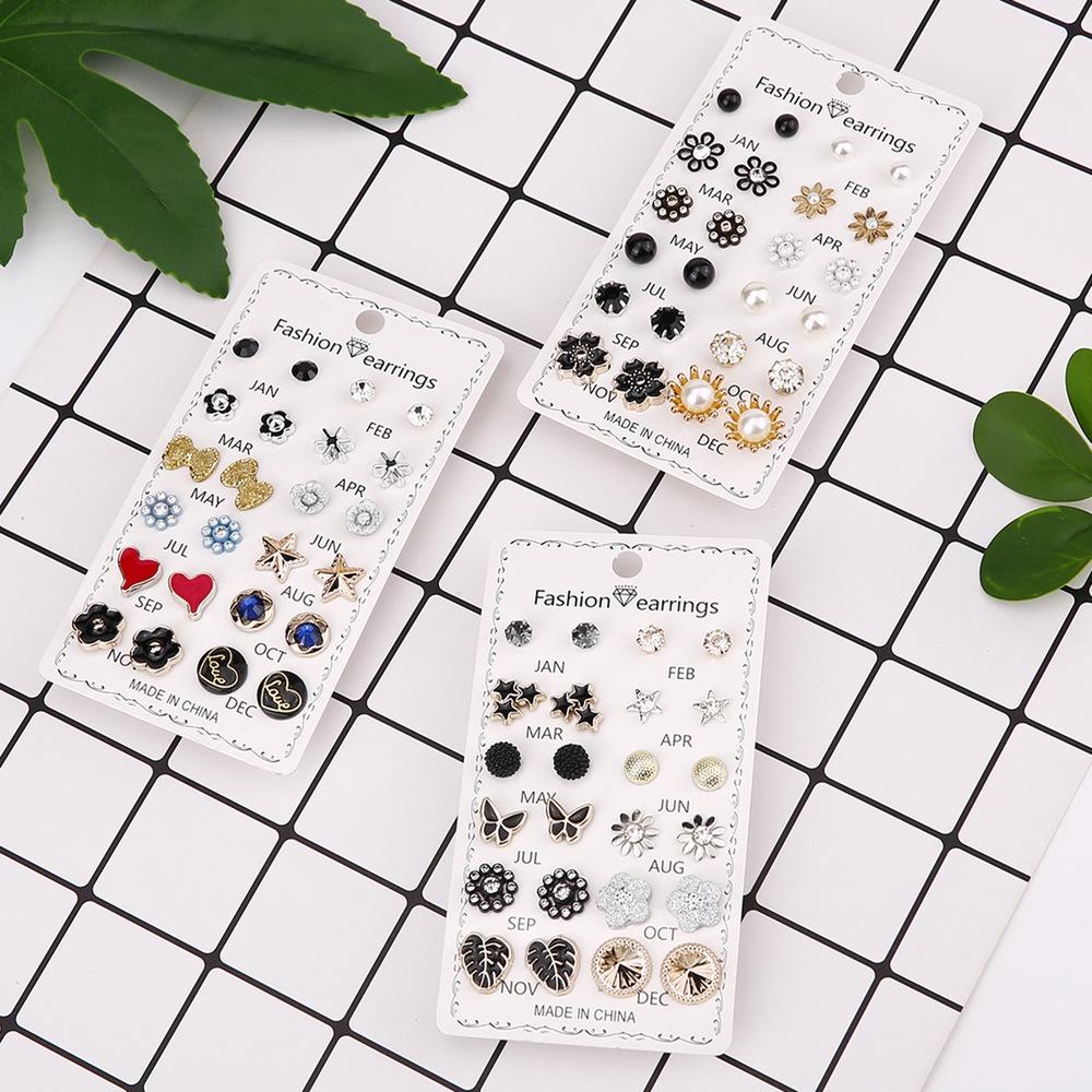 12pairs/set Creative Earrings Models December Combination Earring Set Love Flower Ear Stud Accessories