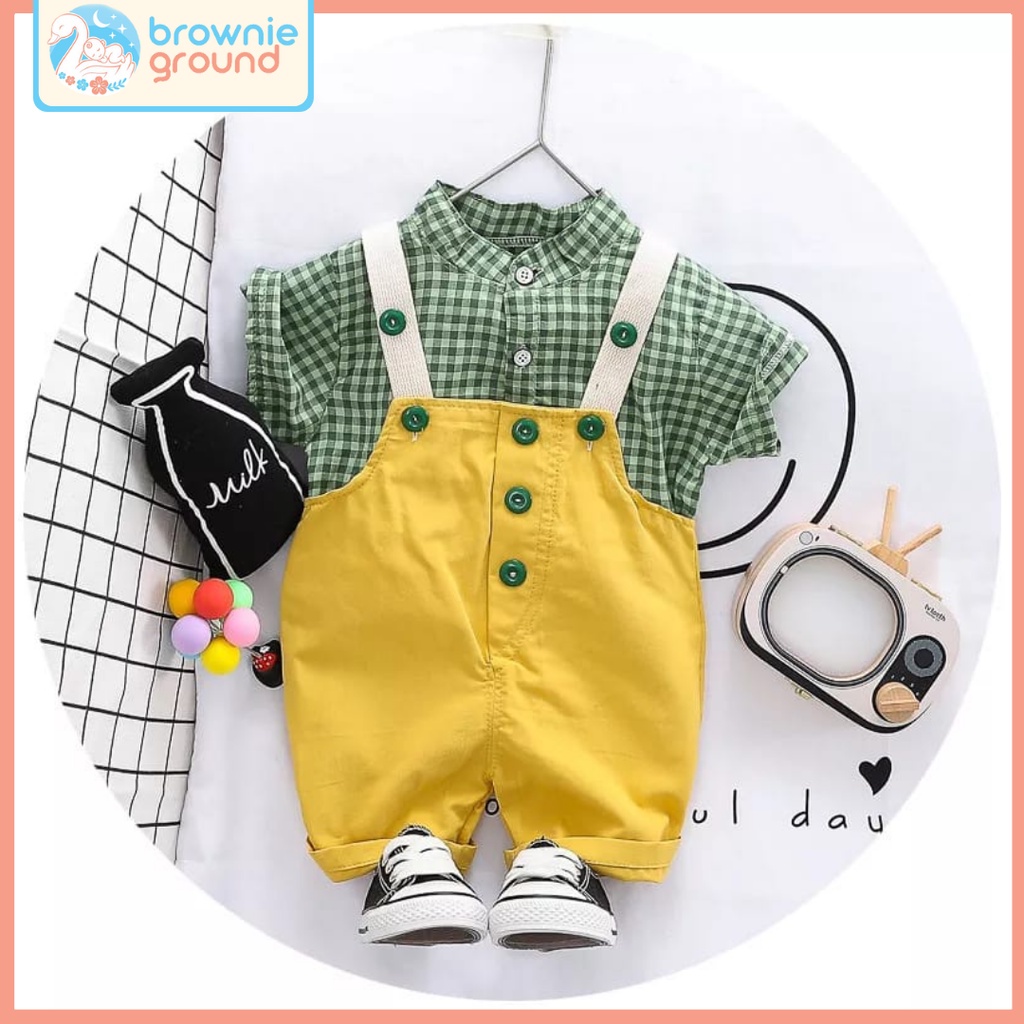 BROWNIEGROUND- Setelan KODOK  yellow Green Baju anak laki laki 0-4 Tahun stelan kemeja kodok baby impor