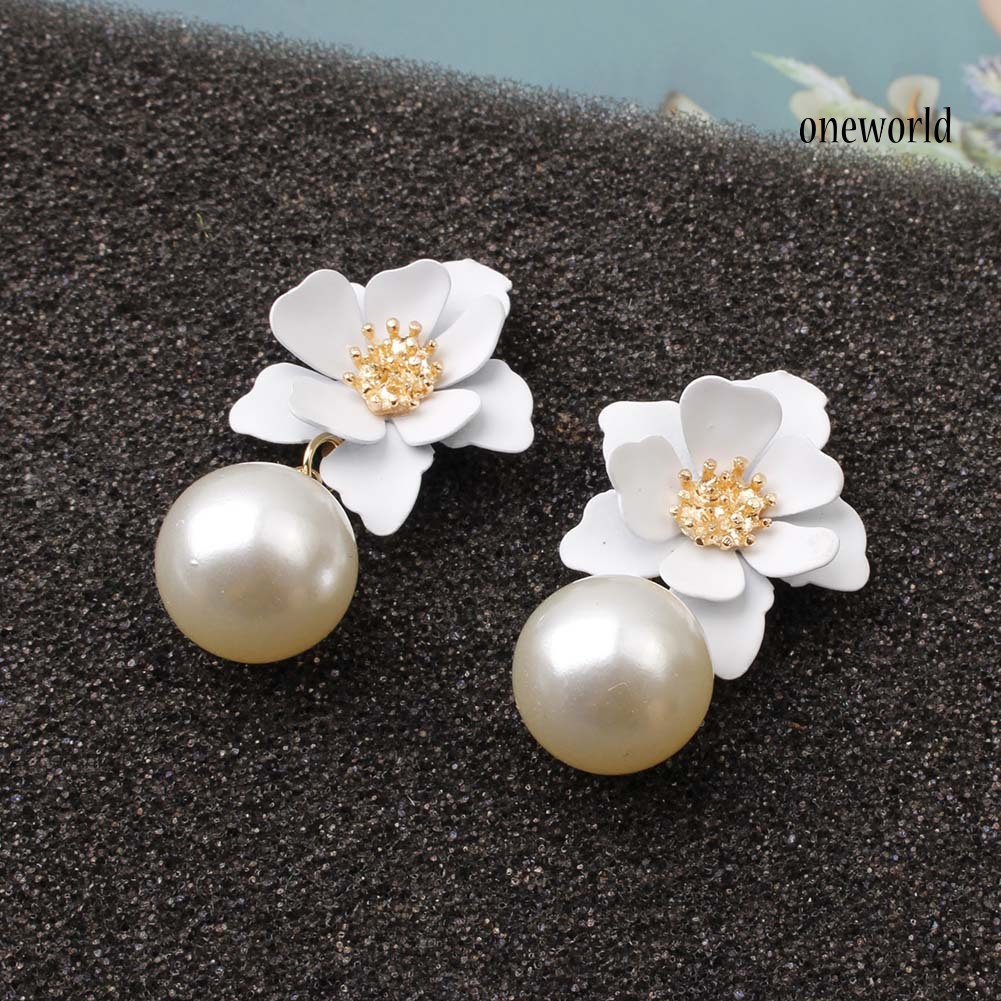 OW@ Sweet Women Faux Pearl Dangle Resin Flower Stud Earrings Summer Jewelry Gift