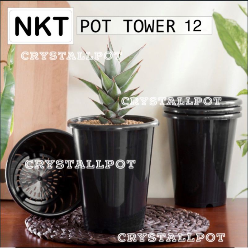 pot bunga tanaman tinggi nkt tower hitam 12cm - nkt