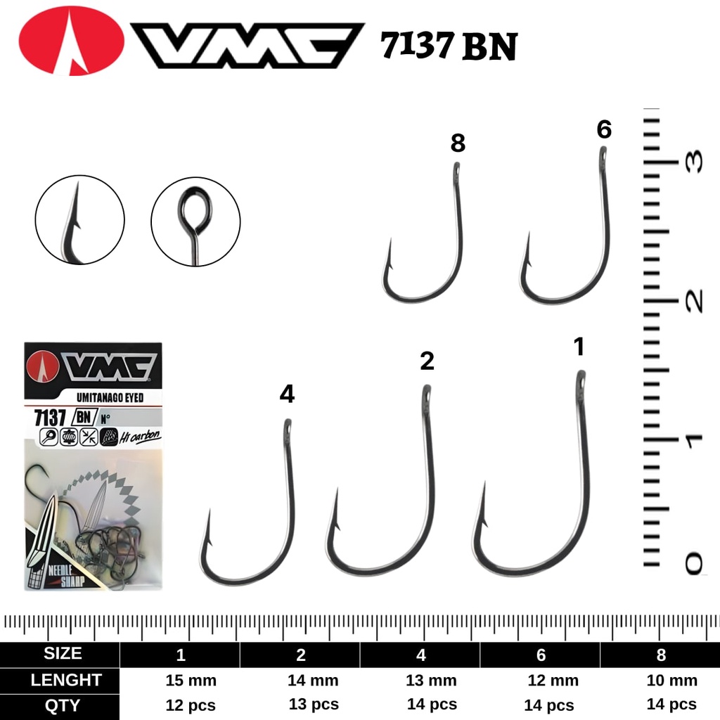 14 Pack of Size 6 VMC 7137BN Umitanago Eyed Fishing Hooks - Black