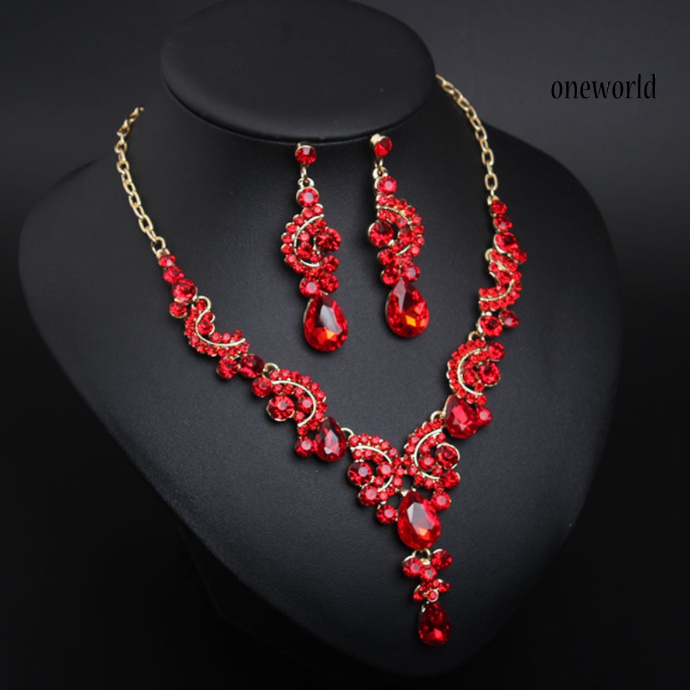 OW@ Luxury Women Rhinestone Pendant Chain Necklace Stud Earrings Wedding Jewelry Set