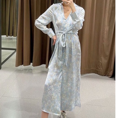 Floral Bow Knot Dress | dress wanita tangan panjang belah motif biru pastel tali pinggang pita