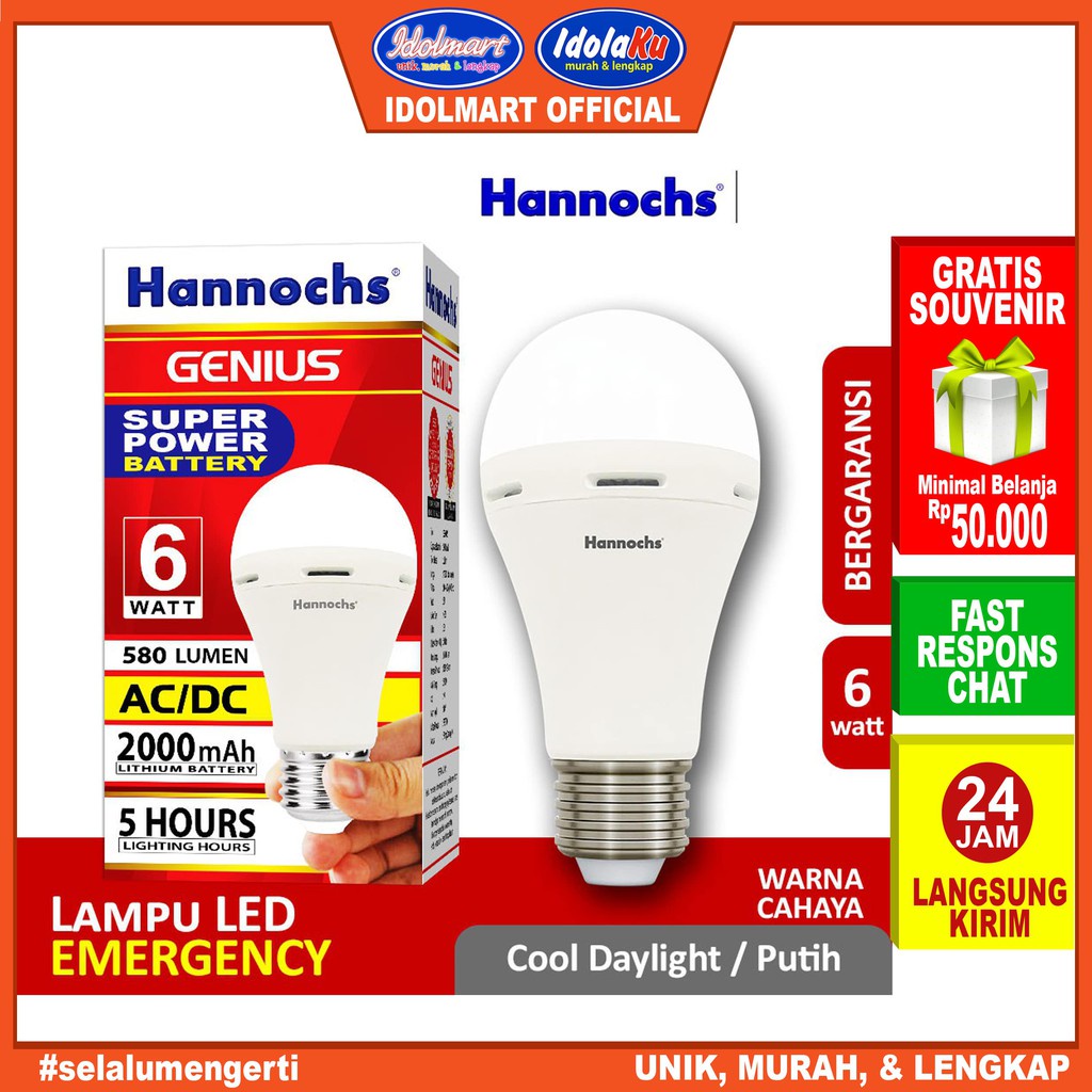 IDOLAKU Hannochs Lampu Emergency Led AC/DC Genius 6 watt cahaya Putih Lampu Darurat Hanoc