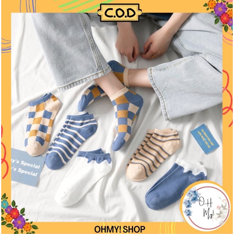 [ COD ] Kaos Kaki Wanita Pria Motif Kotak Catur Garis Polos Simple New Fashion Korean Style Socks Breathable Gaya Korea / Kaos Kaki Pendek Unkle Sock-2