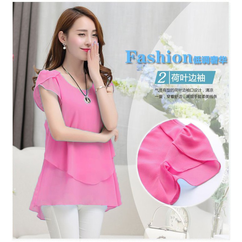 Jfashion Blus Sifon Tangan Pendek Asimetris Gaya Korea - Chalola