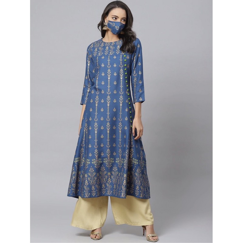 KURTI + MASKER SIZE M L XL XXL Yash Gallery Warna Blue Golden / Kurti warna Biru / Kurti India / Ana