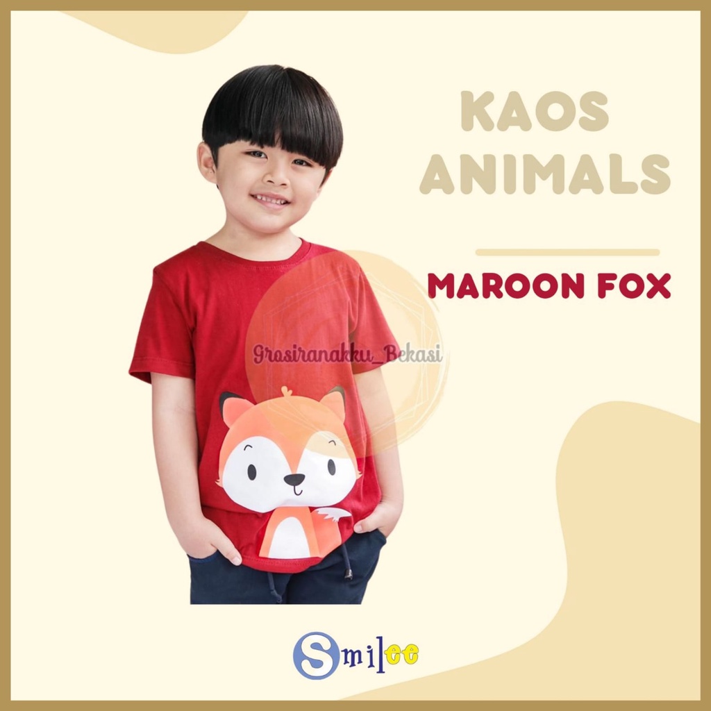 Kaos Anak Cowok Smilee Murah Animal Maroon Fox Size 1-5Tahun