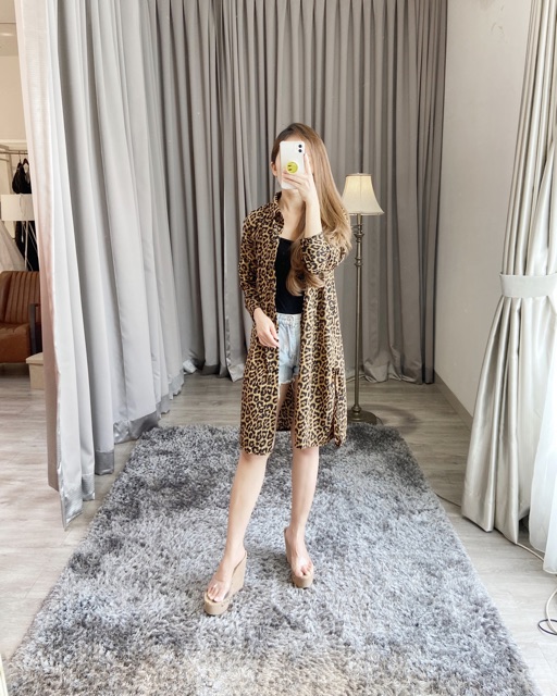 Long kemeja macan tutul / dress kemeja leopard ( free tali belt bahan ) K 8468