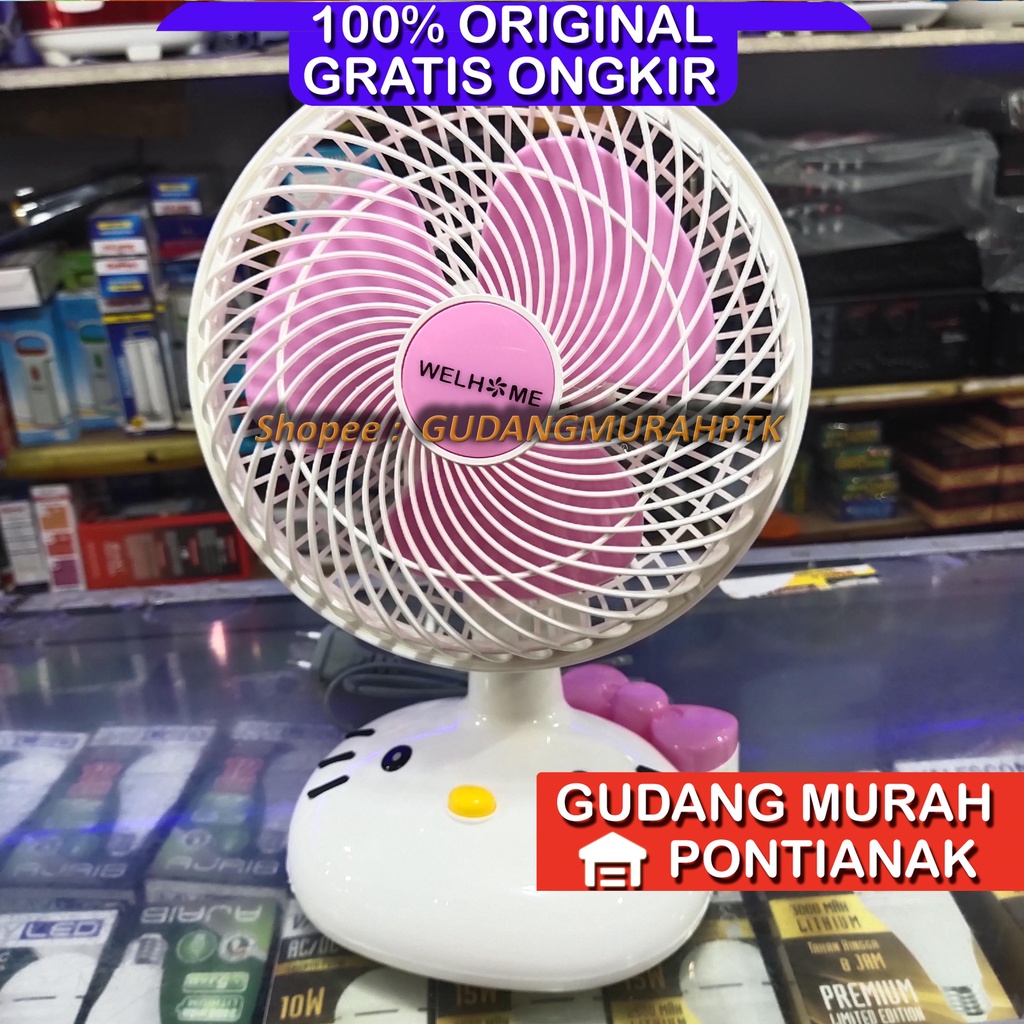 Kipas Angin Karakter Hellokitty Desk fan Welhome Putih Pink PROFAN SWING bisa menoleh