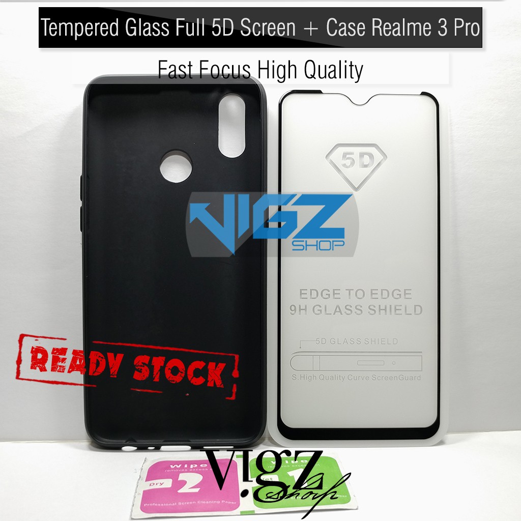 Tempered Glass Full 5D Screen Plus Case Silikon Realme 3 Pro Fast Focus 1 Set