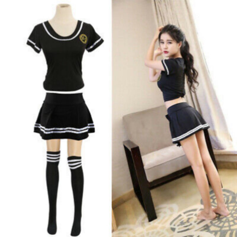 Set Lingerie Cosplay Cheerleader Sekolah Jepang Sexy Rok Mini +Kaus kaki