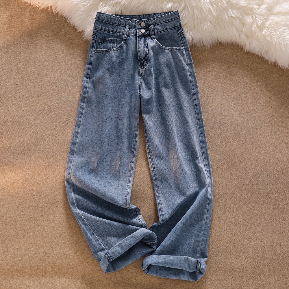 Korean Style Celana Jeans Wanita/High Waist Loose Straight Biru Jeans