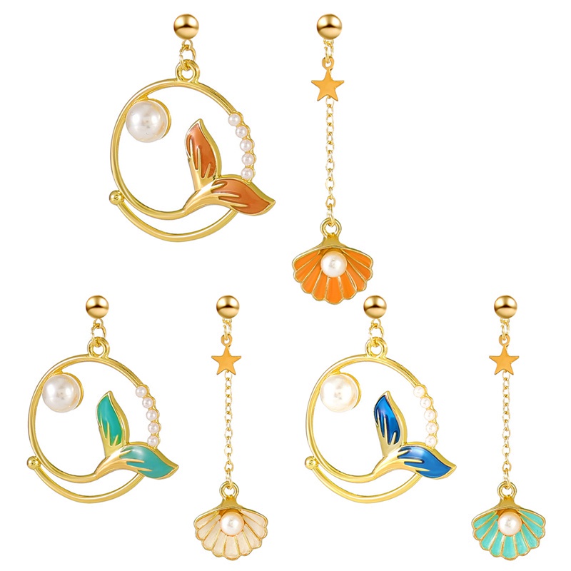 Fancyqube Anting Klip Desain Mermaid Asimetris Warna Biru Laut Untuk Wanita