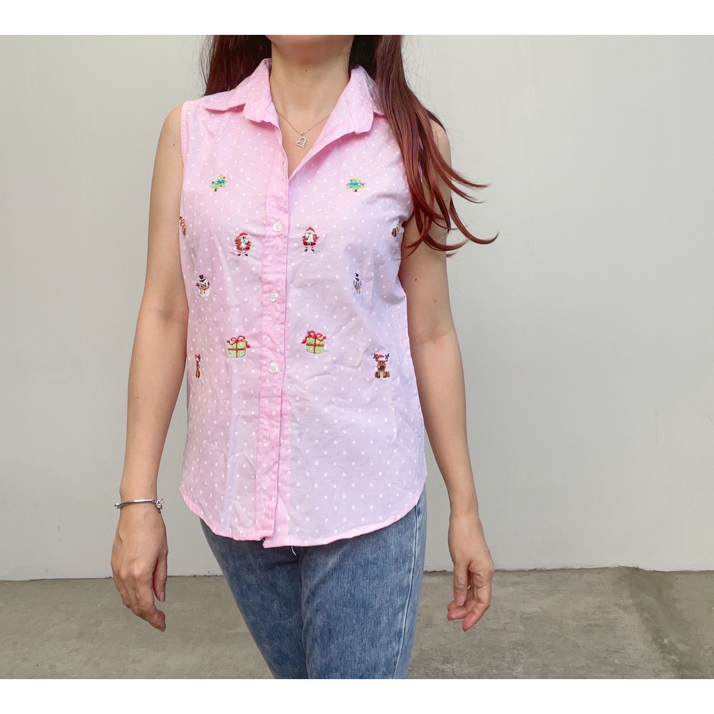 SL216 - Atasan Kemeja Sleeveless Polka Bordir Lucu Casual