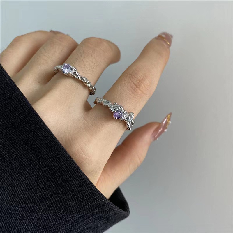 Cincin Sterling Silver 925 Model Terbuka Aksen Zirkon Ungu Untuk Wanita