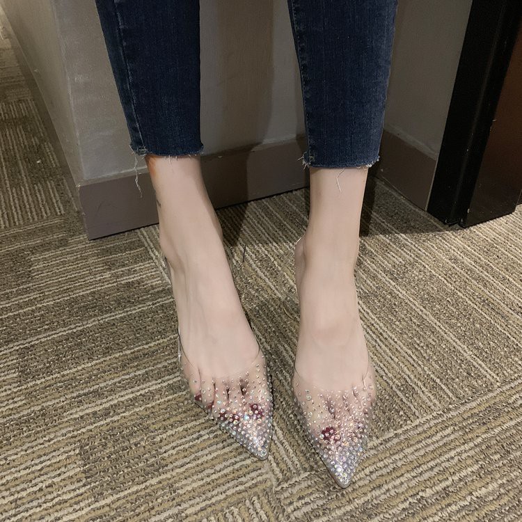 Korean Crystal Embellished PVC Transparant Pointy Glass Heels/Sepatu Hak Wanita C129 (35-39)